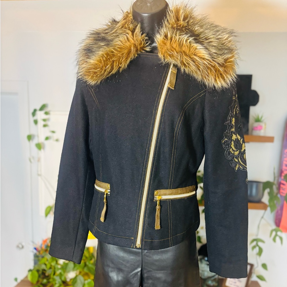 Y2K NEW Snap Wool Jacket w/ Faux Fur Collar – Zips & Embroidery – Size 38 - Picture 2 of 16